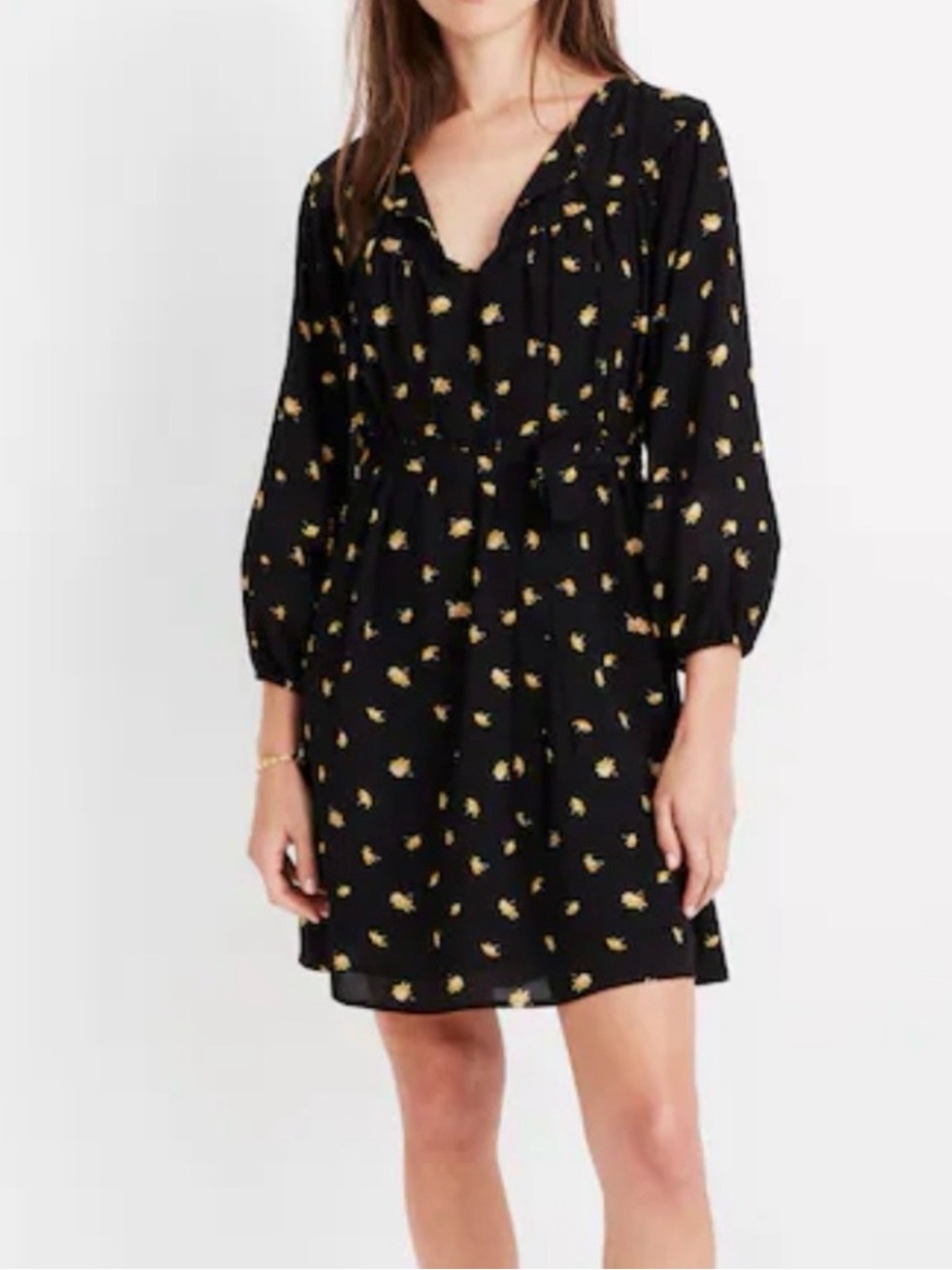 Madewell Black Long Sleeve Floral Shift Dress with Yellow Accents